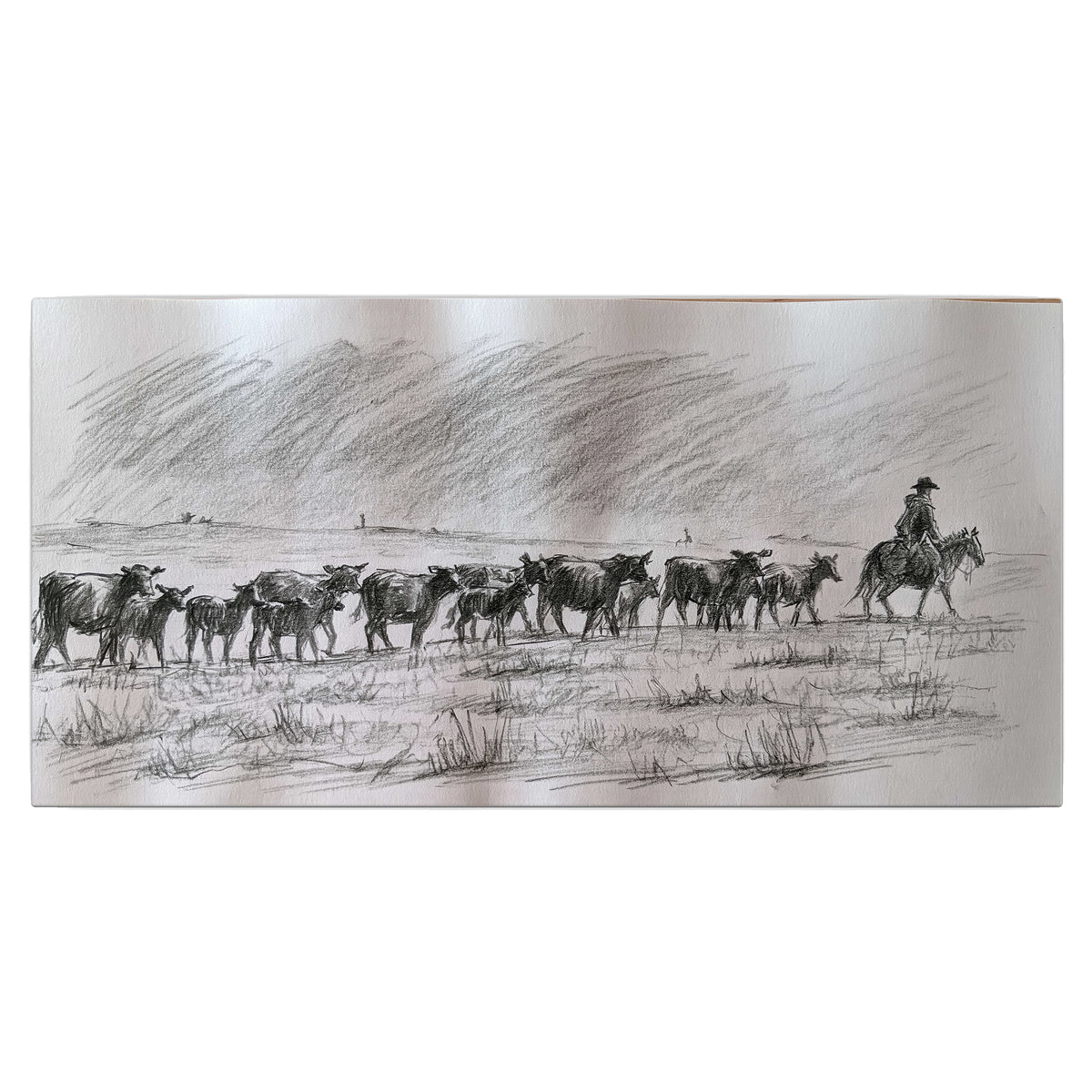 A rider on horseback guiding a herd of cattle across an open plain in charcoal-style strokes single canvas wall art viewed straight on