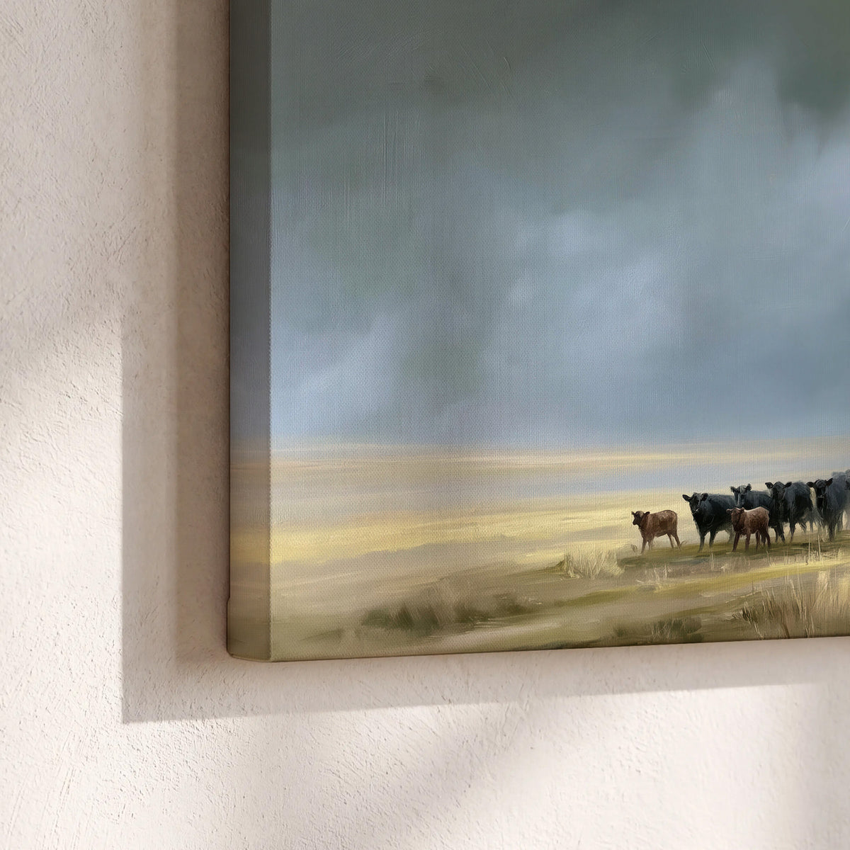 A rider and cattle moving across a sunlit grassland beneath a dramatic blue-gray sky 3 piece canvas wall art material and edge close up