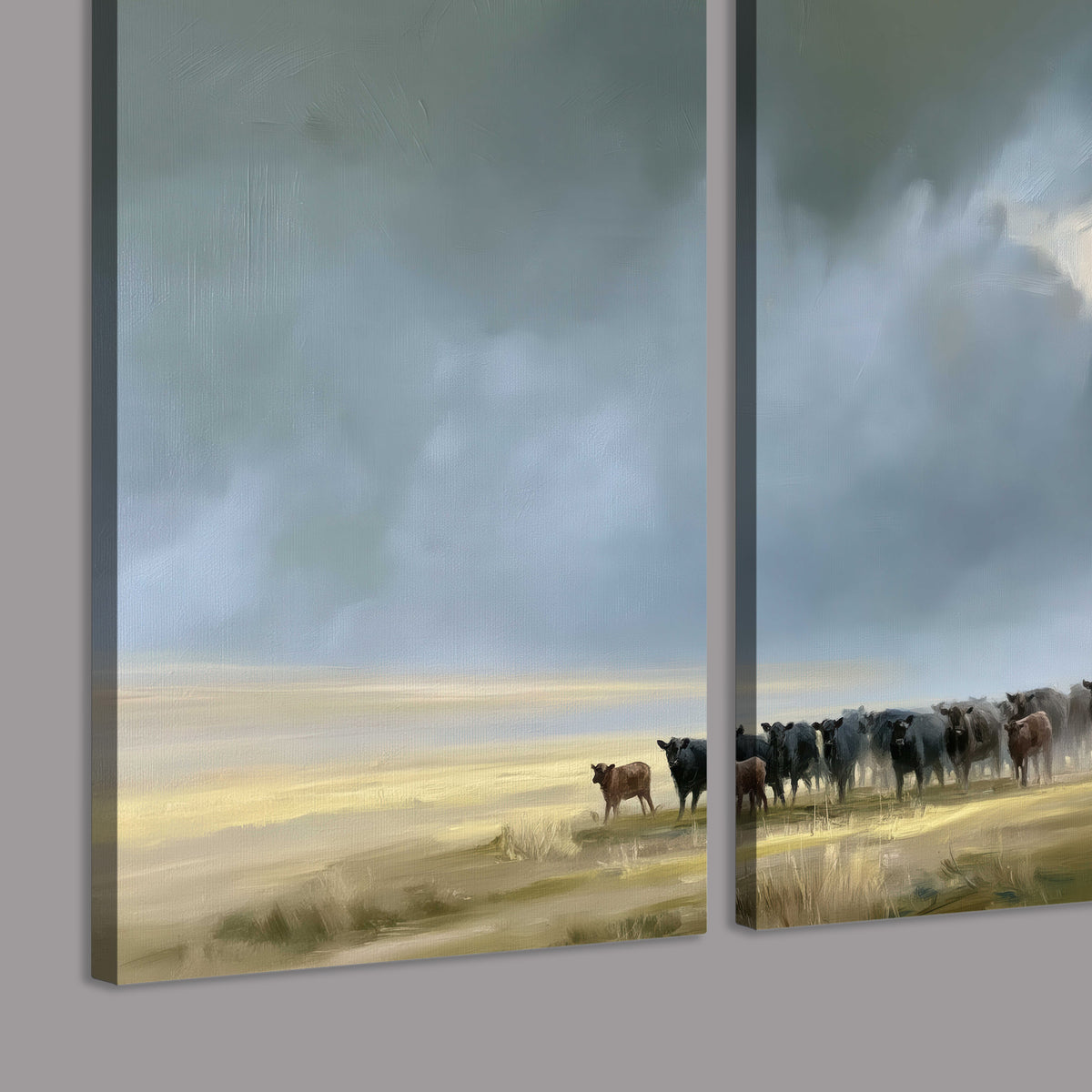 A rider and cattle moving across a sunlit grassland beneath a dramatic blue-gray sky 3 piece canvas wall art room and product view