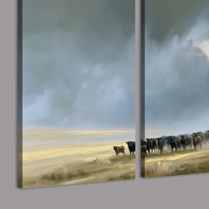 A rider and cattle moving across a sunlit grassland beneath a dramatic blue-gray sky 3 piece canvas wall art room and product view