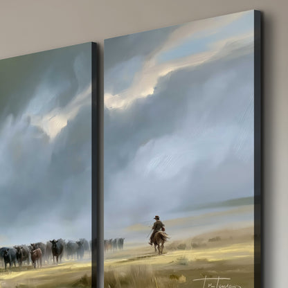 A rider and cattle moving across a sunlit grassland beneath a dramatic blue-gray sky 3 piece canvas wall art room and product view