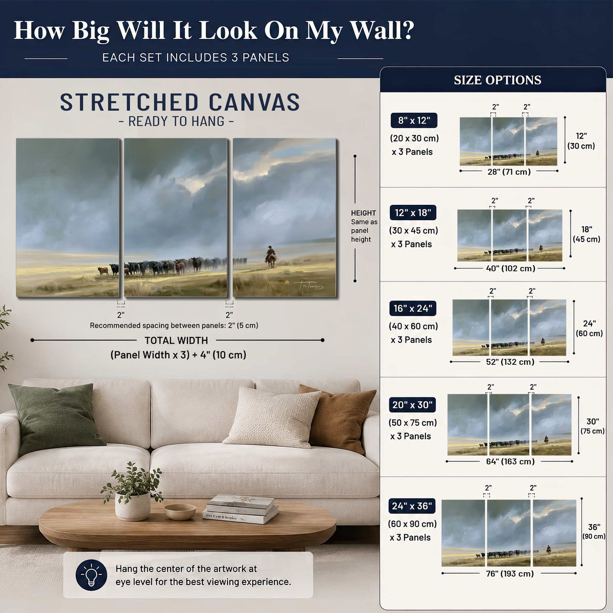 A rider and cattle moving across a sunlit grassland beneath a dramatic blue-gray sky 3 piece canvas wall art size guide above a sofa; room view is illustrative