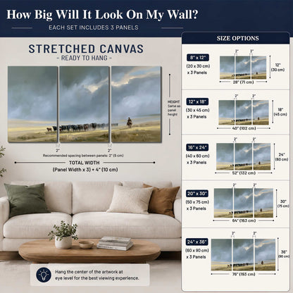 A rider and cattle moving across a sunlit grassland beneath a dramatic blue-gray sky 3 piece canvas wall art size guide above a sofa; room view is illustrative