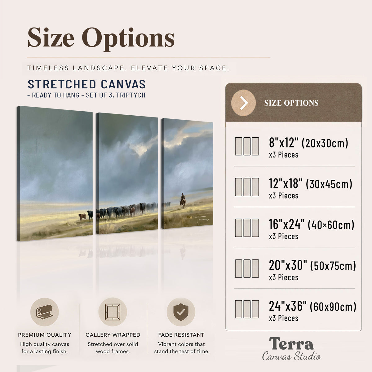 A rider and cattle moving across a sunlit grassland beneath a dramatic blue-gray sky 3 piece canvas wall art available dimensions; triptych dimensions are per panel