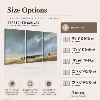 A rider and cattle moving across a sunlit grassland beneath a dramatic blue-gray sky 3 piece canvas wall art available dimensions; triptych dimensions are per panel