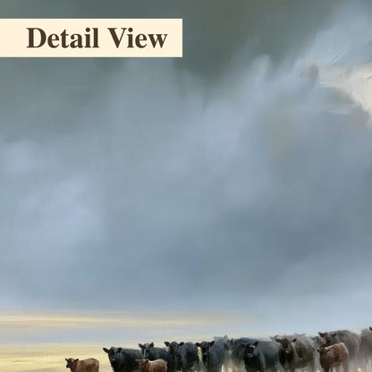 A rider and cattle moving across a sunlit grassland beneath a dramatic blue-gray sky 3 piece canvas wall art artwork detail close up
