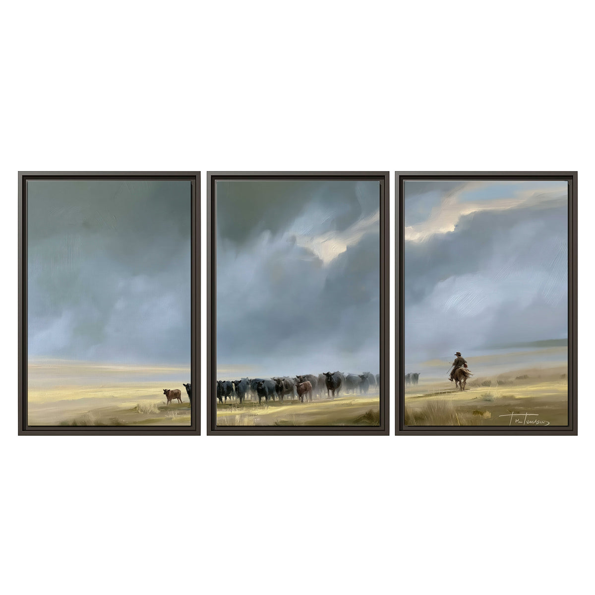 A rider and cattle moving across a sunlit grassland beneath a dramatic blue-gray sky 3 piece framed canvas wall art viewed straight on