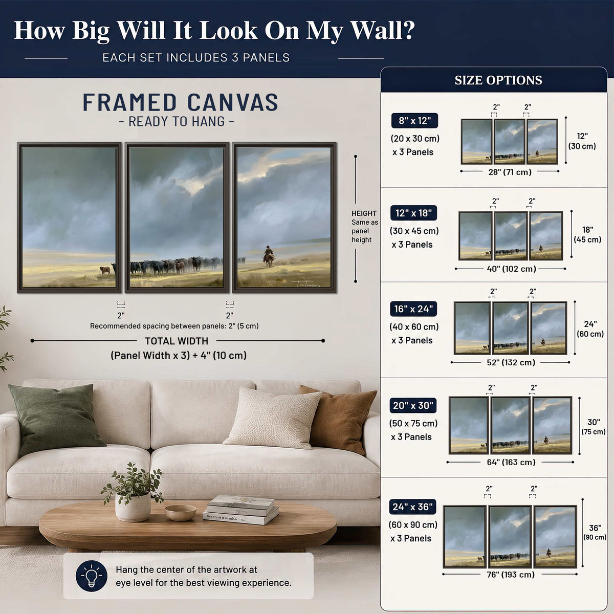 A rider and cattle moving across a sunlit grassland beneath a dramatic blue-gray sky 3 piece framed canvas wall art size guide above a sofa; room view is illustrative