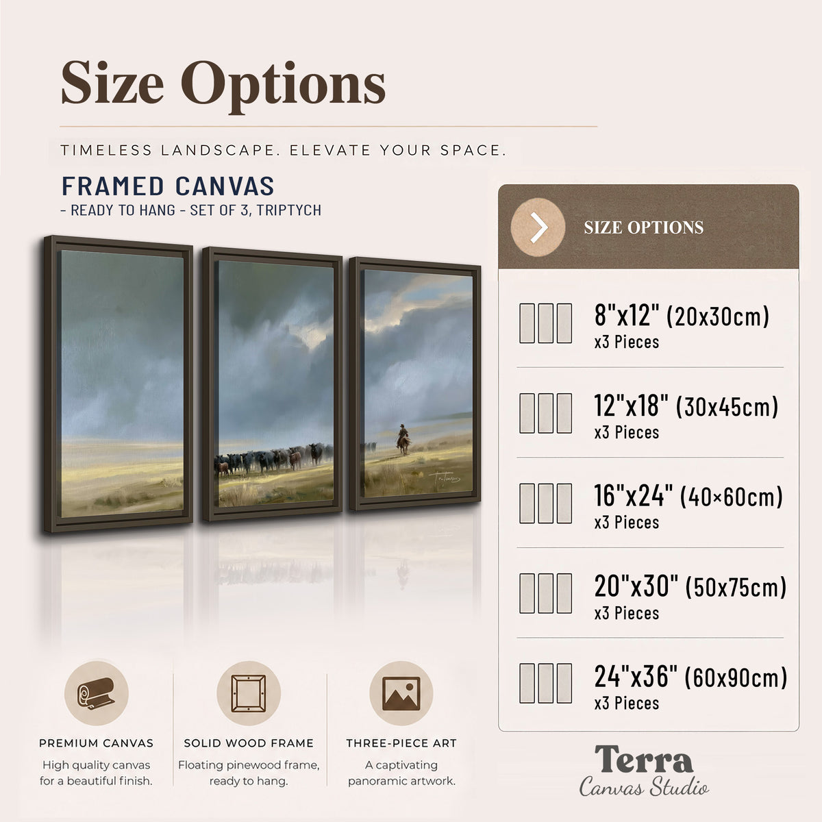 A rider and cattle moving across a sunlit grassland beneath a dramatic blue-gray sky 3 piece framed canvas wall art available dimensions; triptych dimensions are per panel