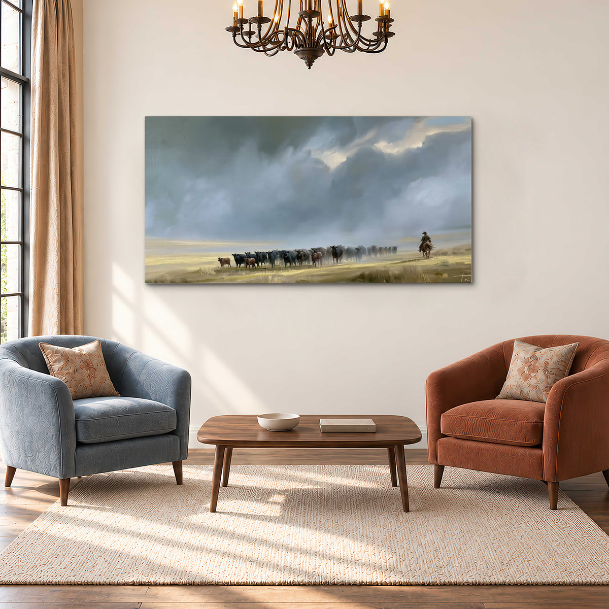 A rider and cattle moving across a sunlit grassland beneath a dramatic blue-gray sky single canvas wall art styled in an interior