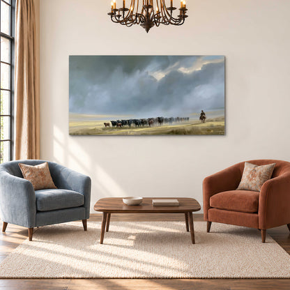 A rider and cattle moving across a sunlit grassland beneath a dramatic blue-gray sky single canvas wall art styled in an interior
