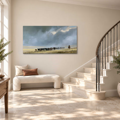 A rider and cattle moving across a sunlit grassland beneath a dramatic blue-gray sky single canvas wall art styled in an interior
