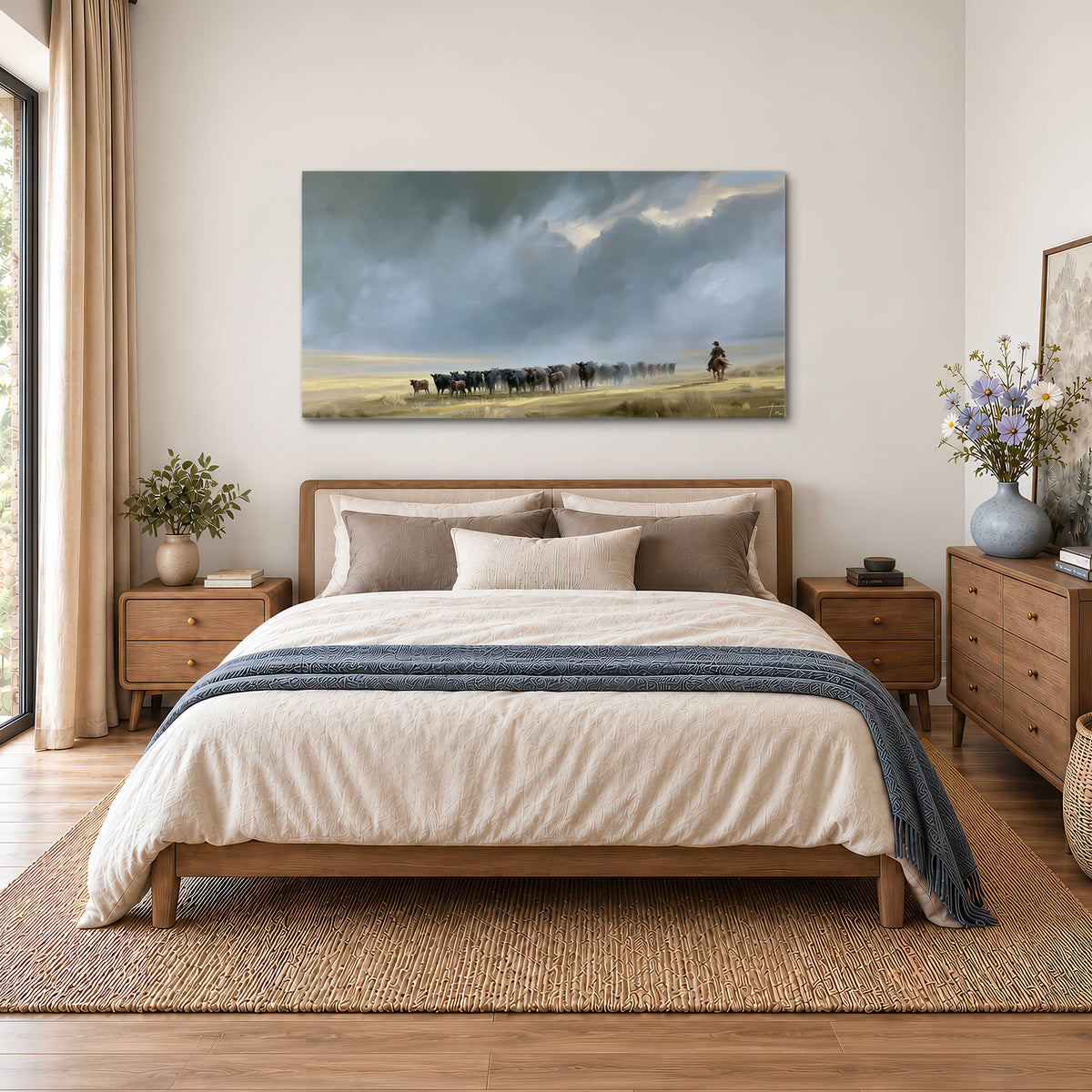 A rider and cattle moving across a sunlit grassland beneath a dramatic blue-gray sky single canvas wall art styled in an interior