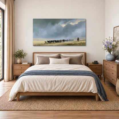 A rider and cattle moving across a sunlit grassland beneath a dramatic blue-gray sky single canvas wall art styled in an interior