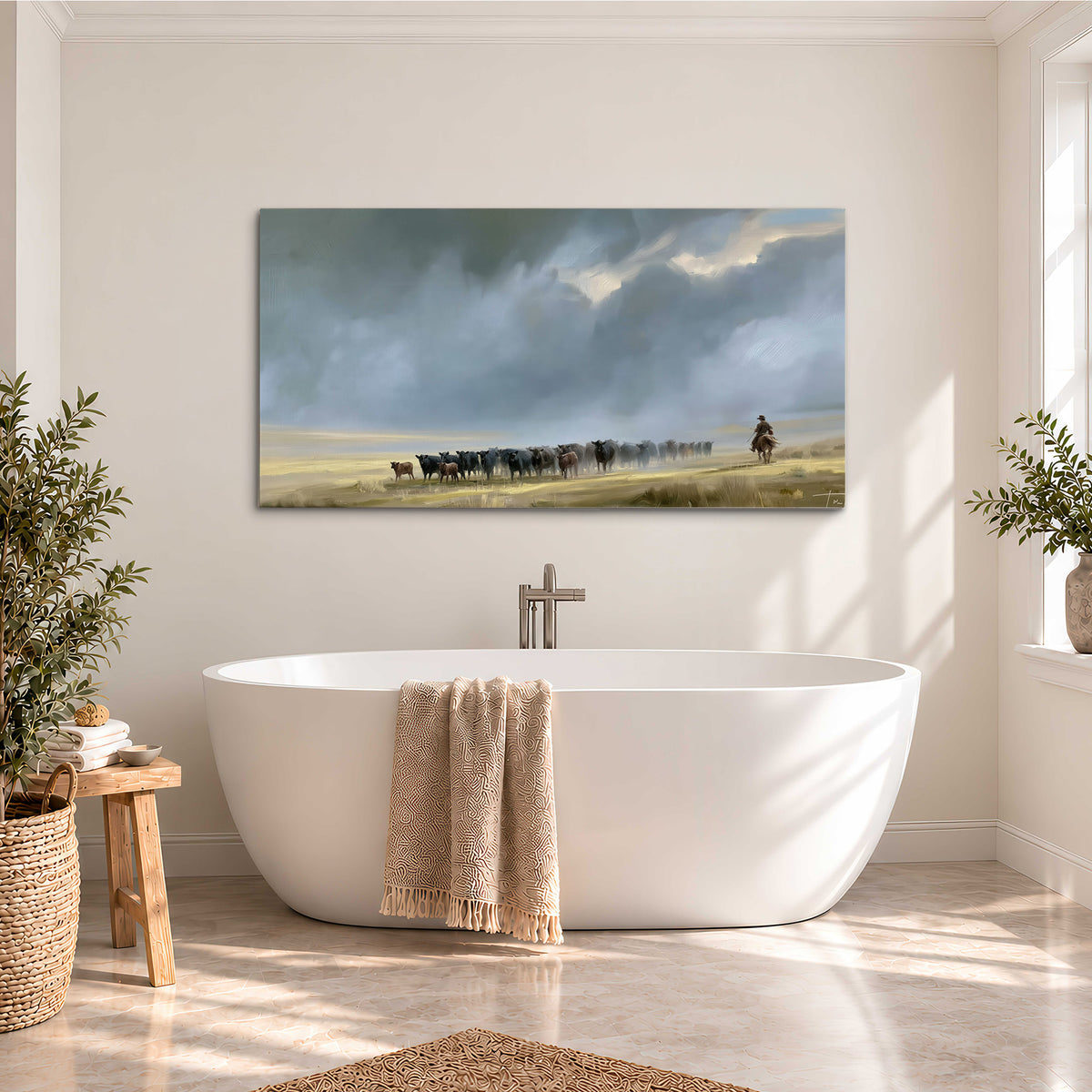 A rider and cattle moving across a sunlit grassland beneath a dramatic blue-gray sky single canvas wall art styled in an interior