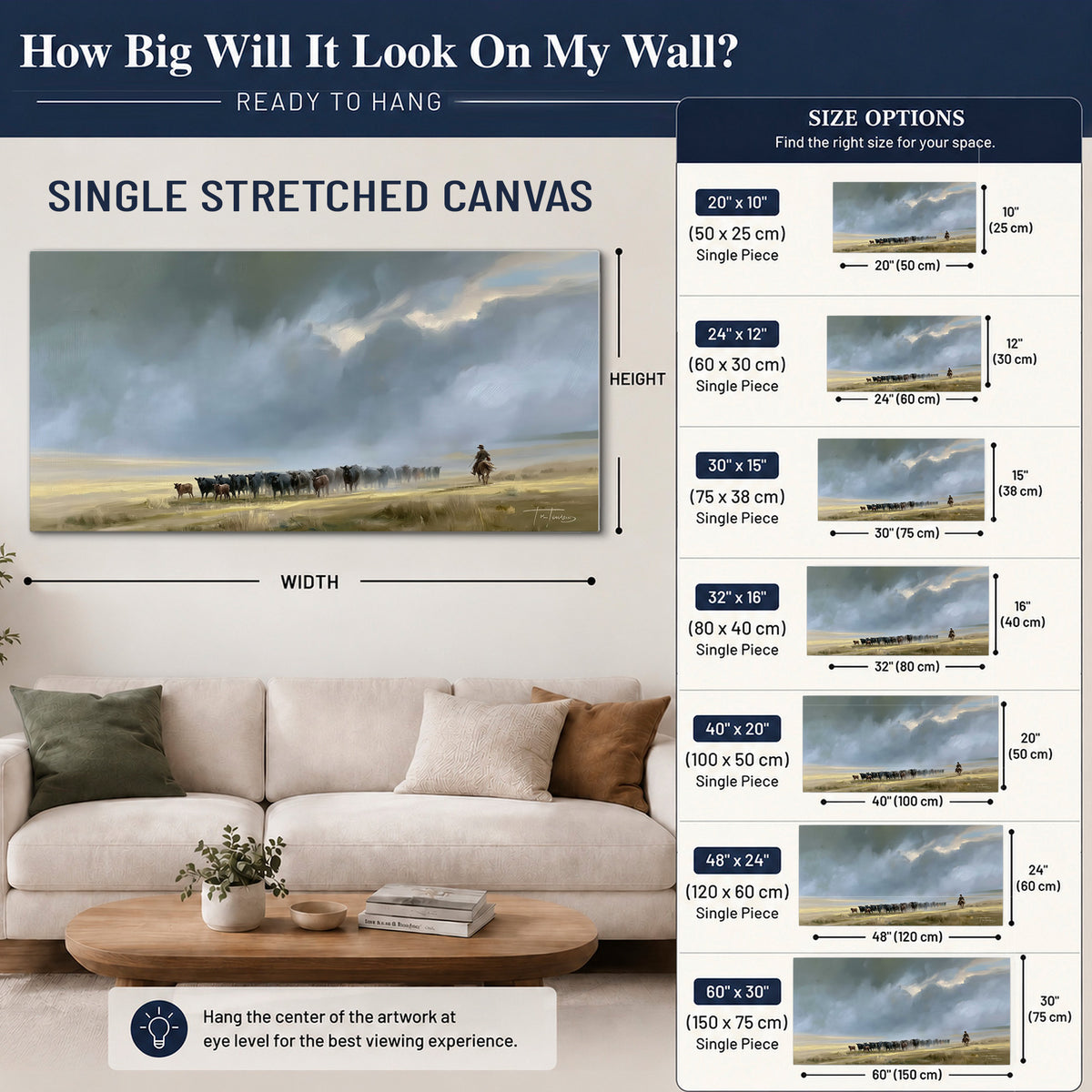 A rider and cattle moving across a sunlit grassland beneath a dramatic blue-gray sky single canvas wall art size guide above a sofa; room view is illustrative