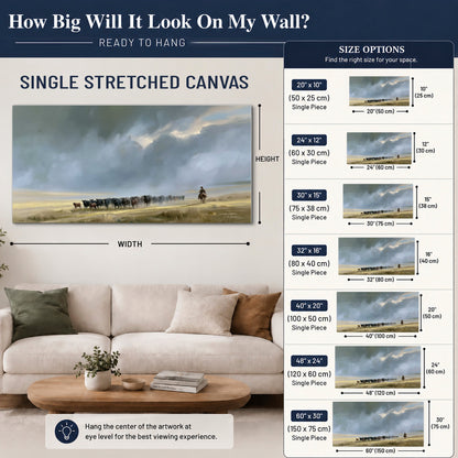 A rider and cattle moving across a sunlit grassland beneath a dramatic blue-gray sky single canvas wall art size guide above a sofa; room view is illustrative