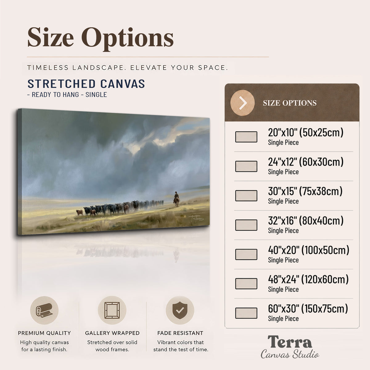 A rider and cattle moving across a sunlit grassland beneath a dramatic blue-gray sky single canvas wall art available dimensions