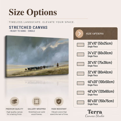 A rider and cattle moving across a sunlit grassland beneath a dramatic blue-gray sky single canvas wall art available dimensions
