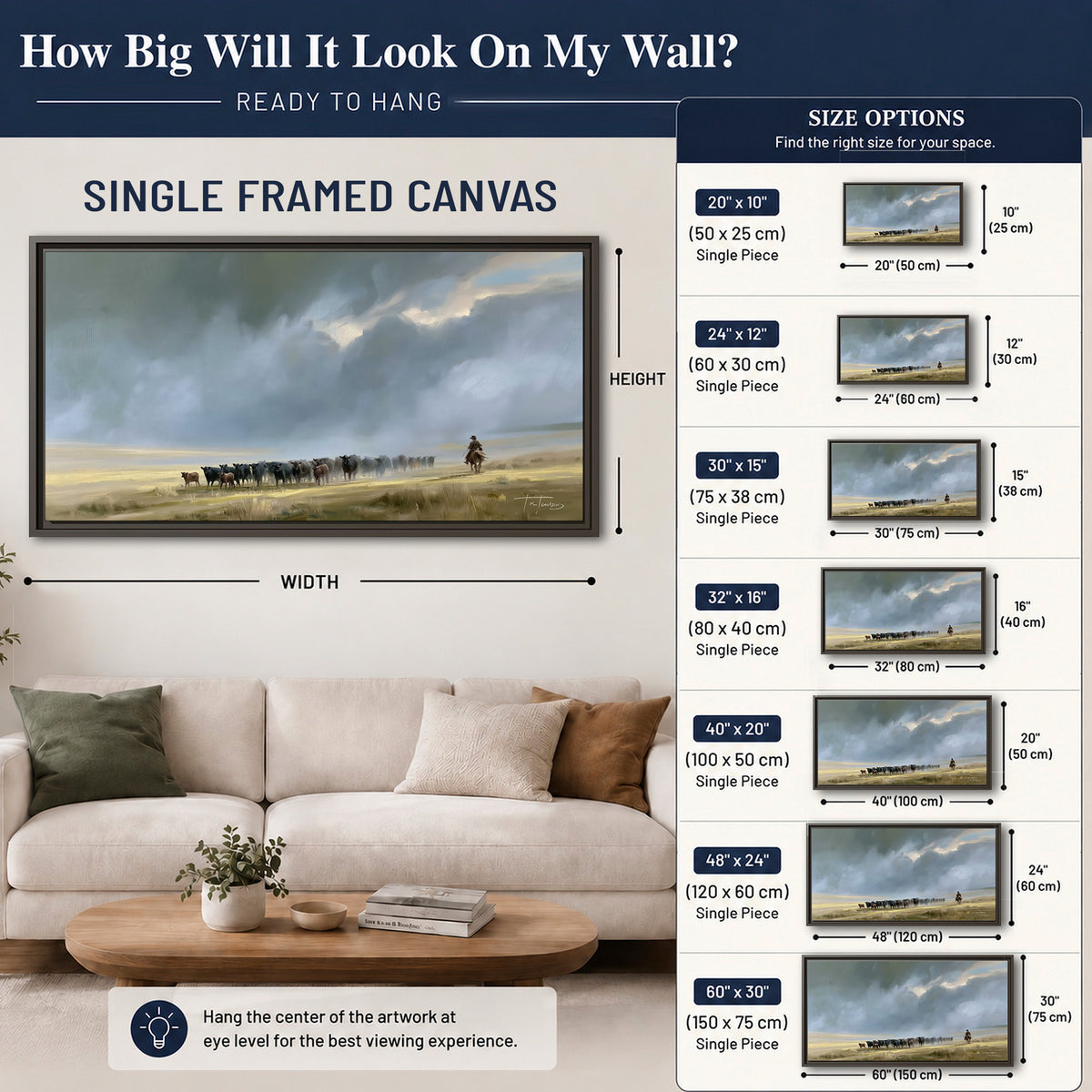 A rider and cattle moving across a sunlit grassland beneath a dramatic blue-gray sky single framed canvas wall art size guide above a sofa; room view is illustrative