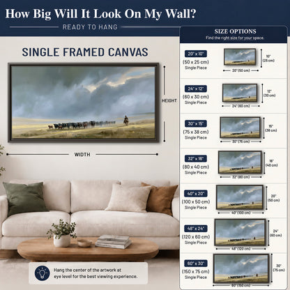 A rider and cattle moving across a sunlit grassland beneath a dramatic blue-gray sky single framed canvas wall art size guide above a sofa; room view is illustrative
