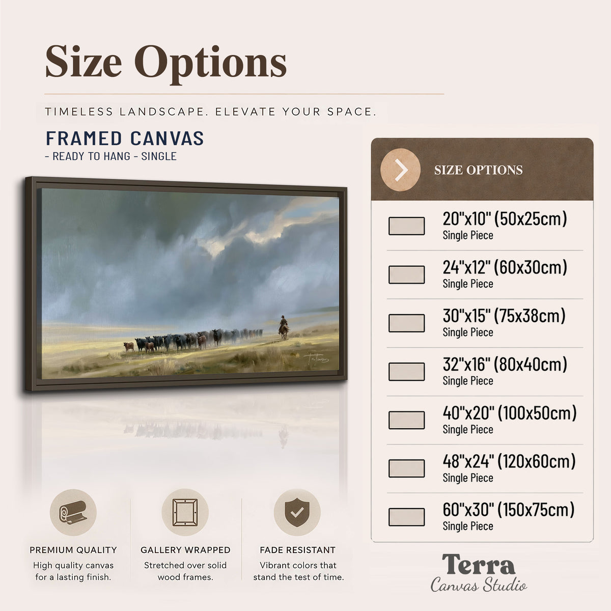 A rider and cattle moving across a sunlit grassland beneath a dramatic blue-gray sky single framed canvas wall art available dimensions