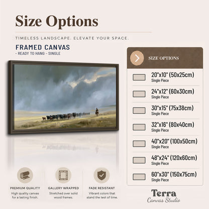 A rider and cattle moving across a sunlit grassland beneath a dramatic blue-gray sky single framed canvas wall art available dimensions