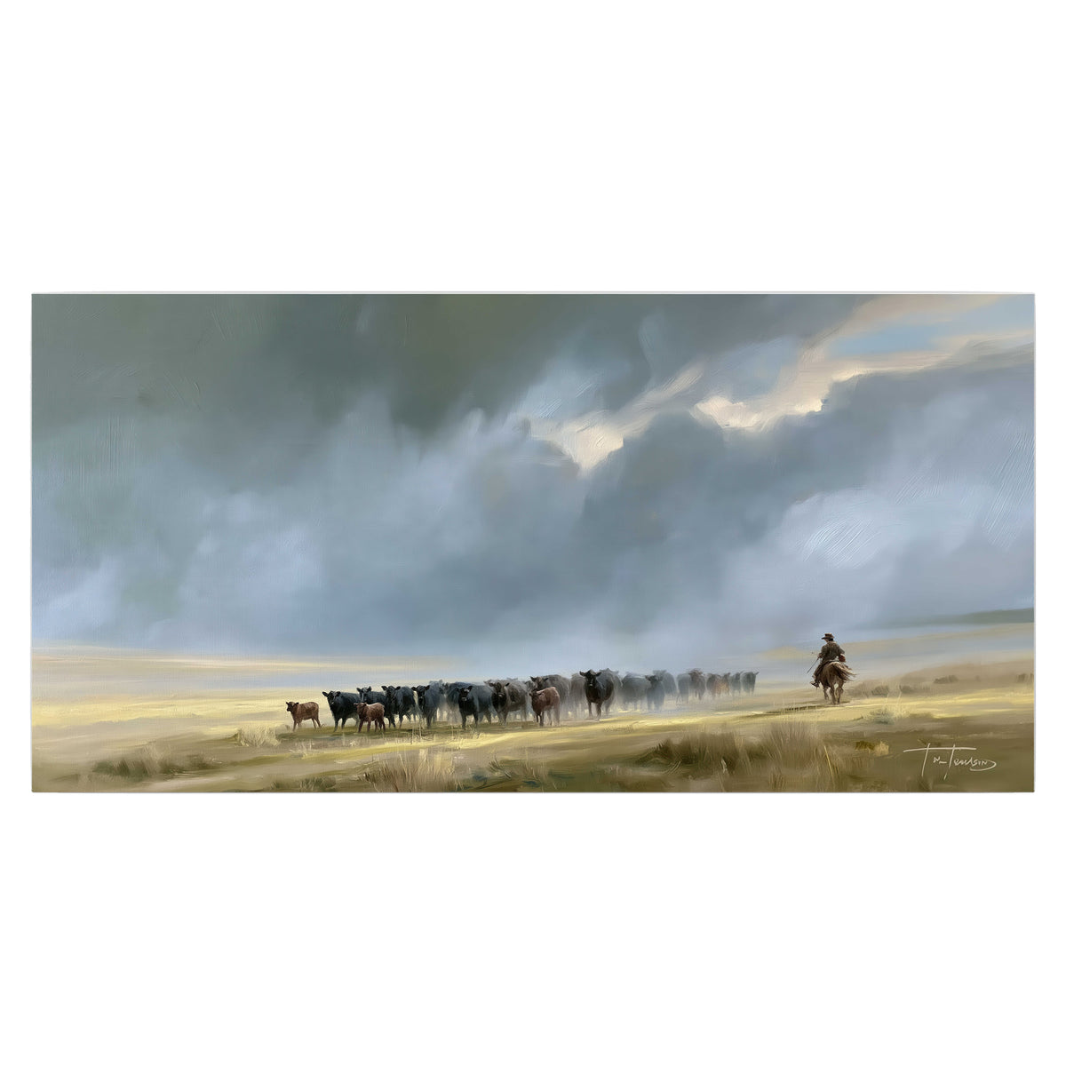 A rider and cattle moving across a sunlit grassland beneath a dramatic blue-gray sky single poster print viewed straight on