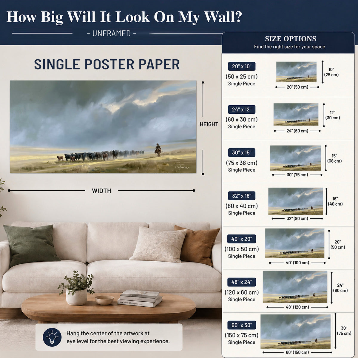 A rider and cattle moving across a sunlit grassland beneath a dramatic blue-gray sky single poster print size guide above a sofa; room view is illustrative