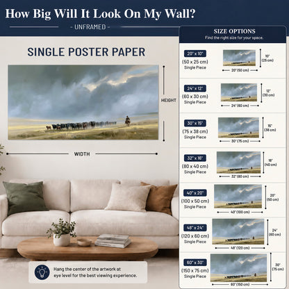 A rider and cattle moving across a sunlit grassland beneath a dramatic blue-gray sky single poster print size guide above a sofa; room view is illustrative