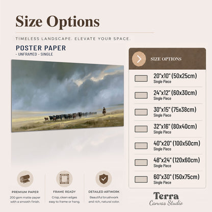 A rider and cattle moving across a sunlit grassland beneath a dramatic blue-gray sky single poster print available dimensions