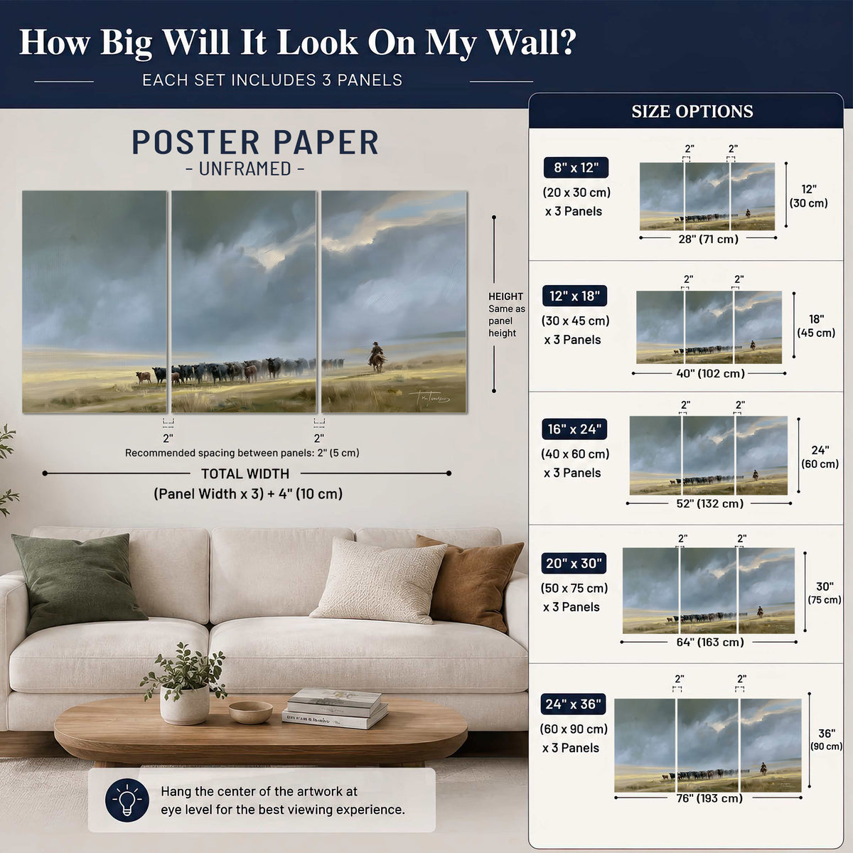 A rider and cattle moving across a sunlit grassland beneath a dramatic blue-gray sky set of 3 poster prints size guide above a sofa; room view is illustrative