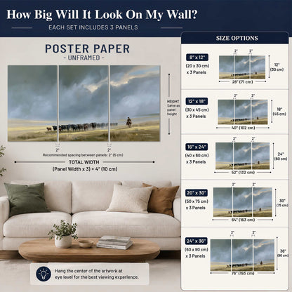 A rider and cattle moving across a sunlit grassland beneath a dramatic blue-gray sky set of 3 poster prints size guide above a sofa; room view is illustrative