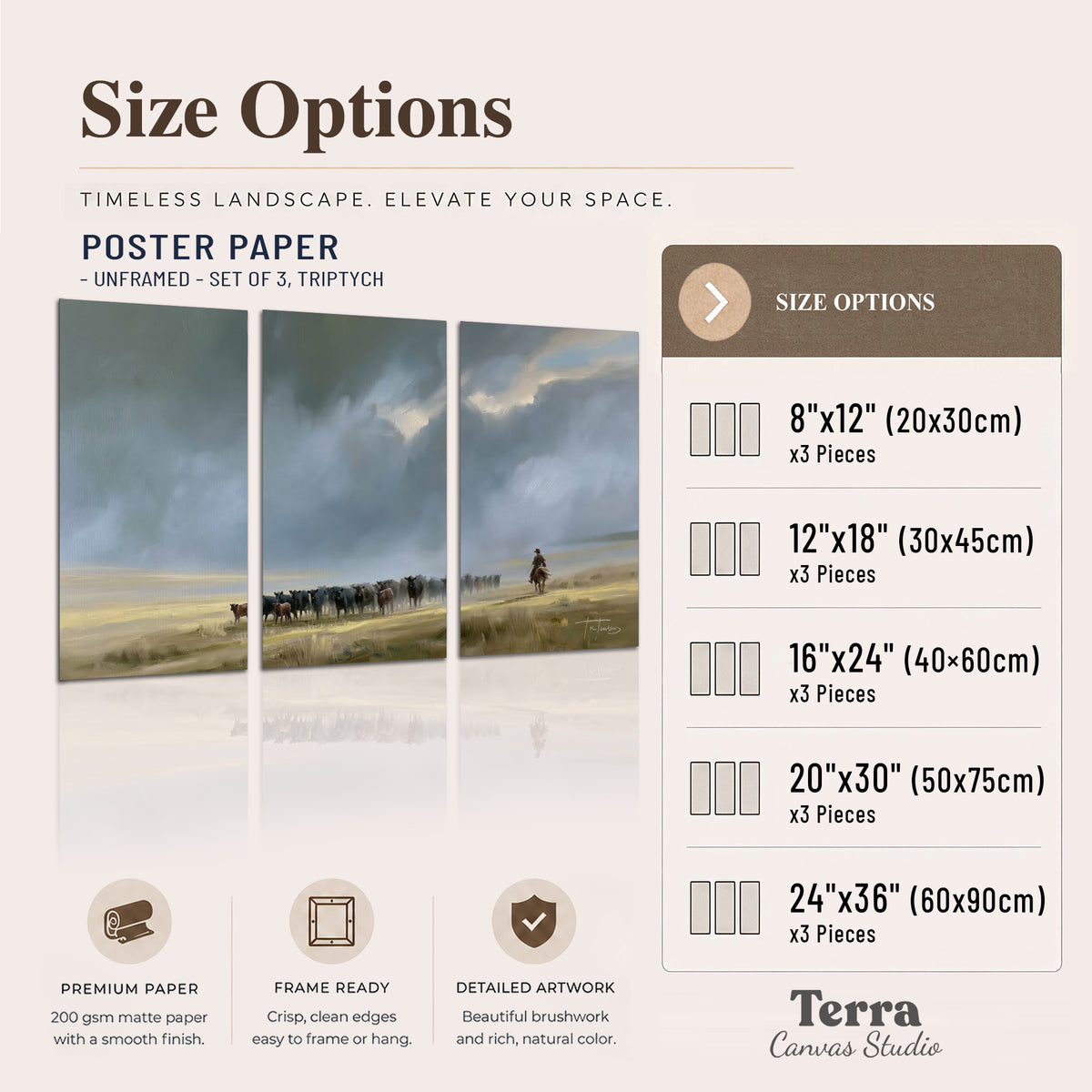 A rider and cattle moving across a sunlit grassland beneath a dramatic blue-gray sky set of 3 poster prints available dimensions; triptych dimensions are per panel