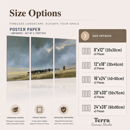 A rider and cattle moving across a sunlit grassland beneath a dramatic blue-gray sky set of 3 poster prints available dimensions; triptych dimensions are per panel